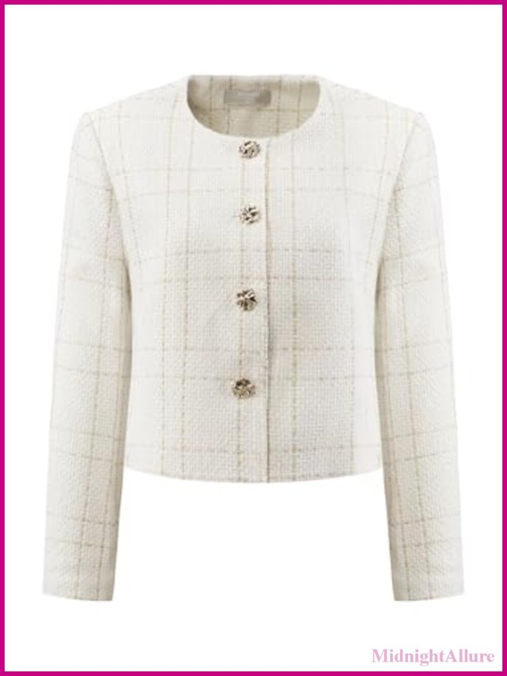 Collarless Tweed Plaid Button Front Crop Blazer Jacket